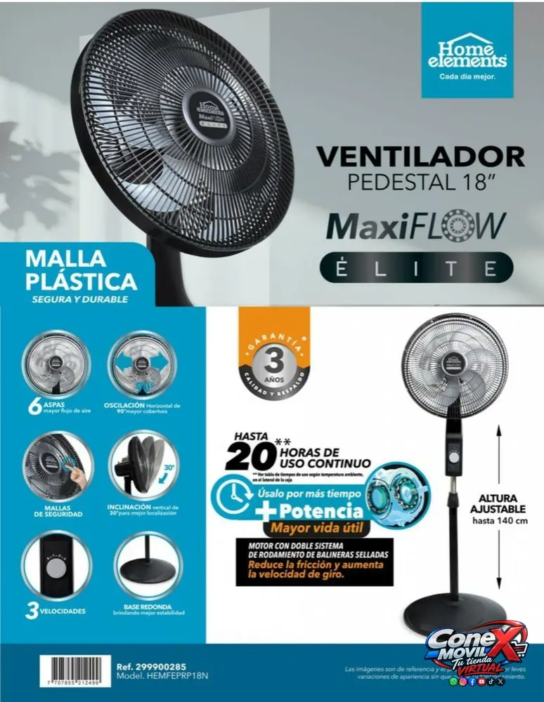 VENTILADOR DE PEDESTAL HOME ELEMENTS MAXIFLOW 18 PULGADAS
